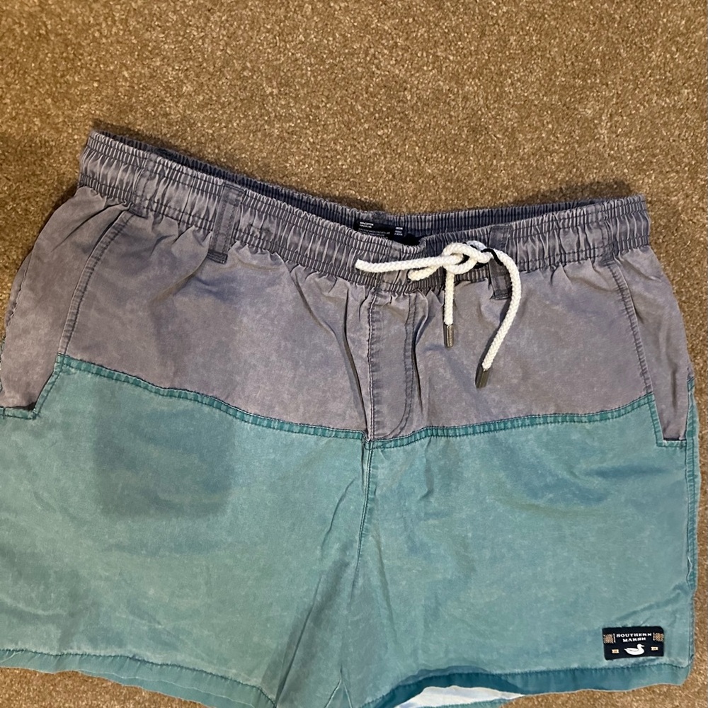 Southern Marsh Blue and Gray Swim Trunks with Color-Block Design